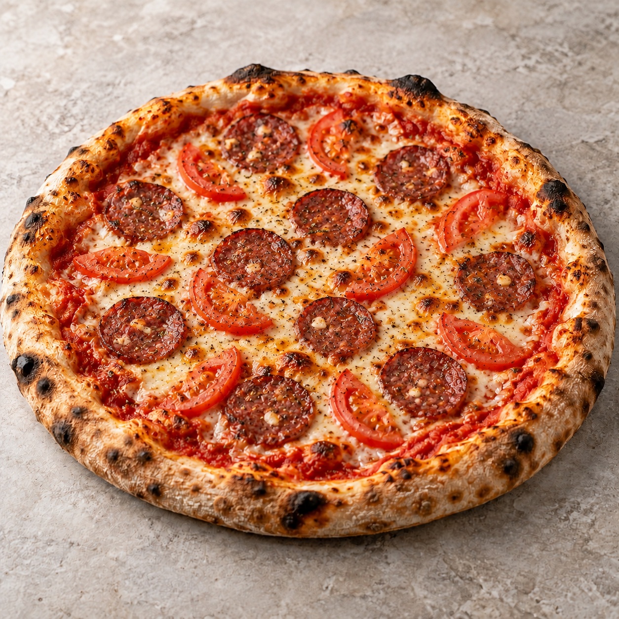 16. Pizza mit Rinder-Knoblauch-Wurst und frischen Tomaten