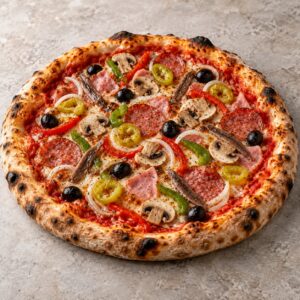 20. Pizza mit Salami, Schinken, Paprika, Champignons, Peperoni, Sardellen, Zwiebeln und Oliven