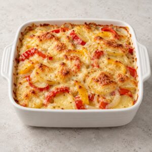 41. Kartoffelauflauf mit Paprika, Zwiebeln und Sahnesoße