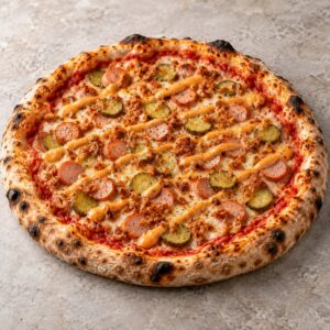 53. Pizza Hot Dog mit Wiener Würstchen, Gurken, Röstzwiebeln, Snack-Sauce