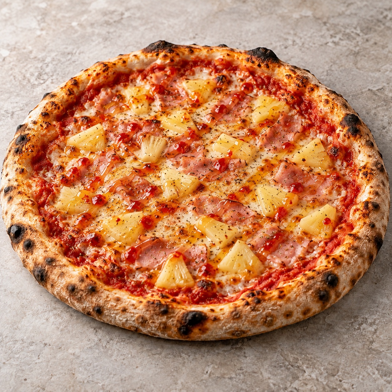 55. Pizza mit Schinken, Ananas, Honig, und süßer Chilisoße