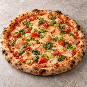 62. Pizza mit Lachs, Pesto, Tomaten und Frühlingszwiebeln